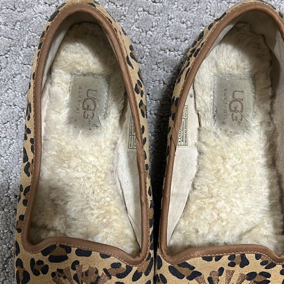 UGG Alloway Leopard Print Sherpa Lined Smoking Loafers Suede Flat Shoe - Picture 2 of 8